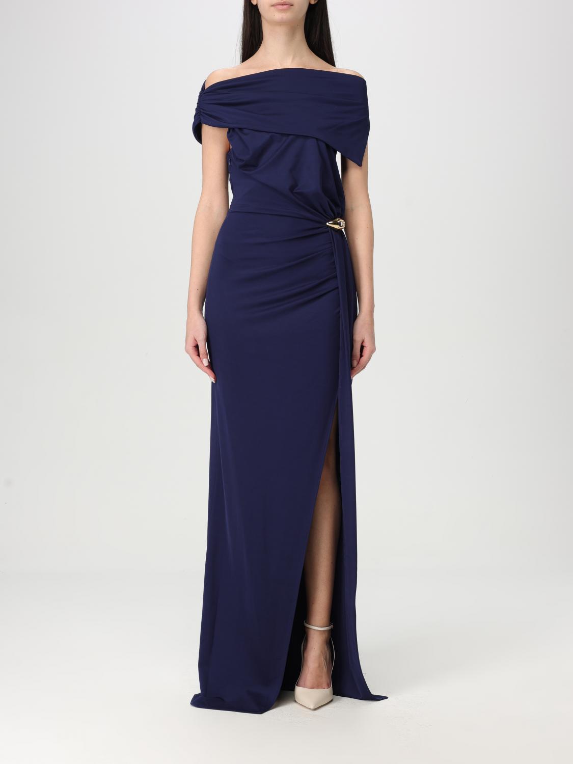 Elisabetta Franchi Draped One-shoulder Dress With Side Slit In Blue
