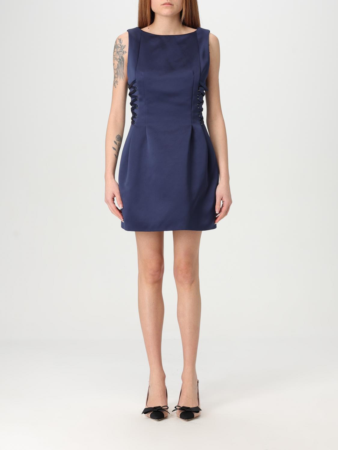 Elisabetta Franchi Duchess Dress With Boat Neckline And Laces In Blue
