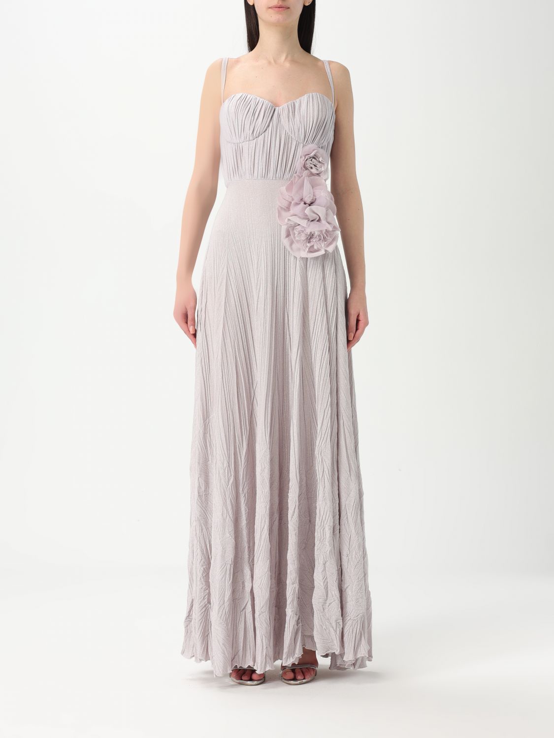Elisabetta Franchi Red Carpet Dress Made Of Lurex Jersey Fabric With Embroidered Flower In Pink