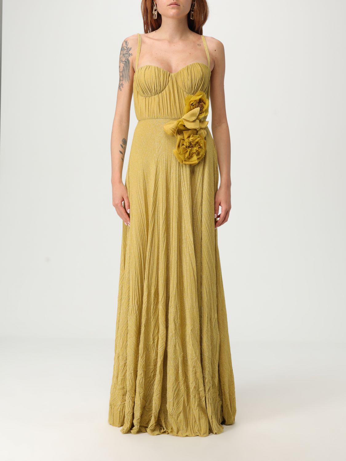 Elisabetta Franchi Red Carpet Dress Made Of Lurex Jersey Fabric With Embroidered Flower In Yellow