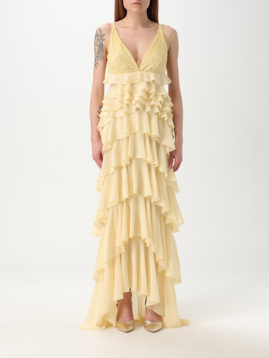 Elisabetta Franchi Lace And Ruffles Long Sleeve Dress In Yellow