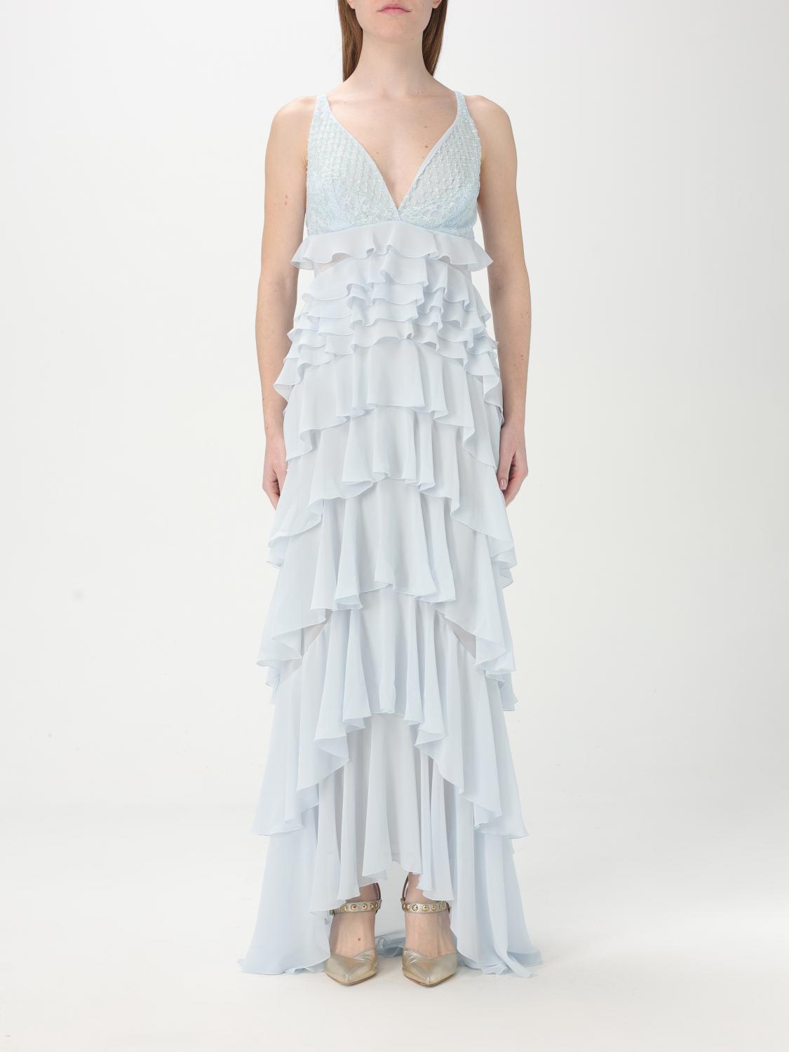 Elisabetta Franchi Georgette Tiered Gown In Hellblau