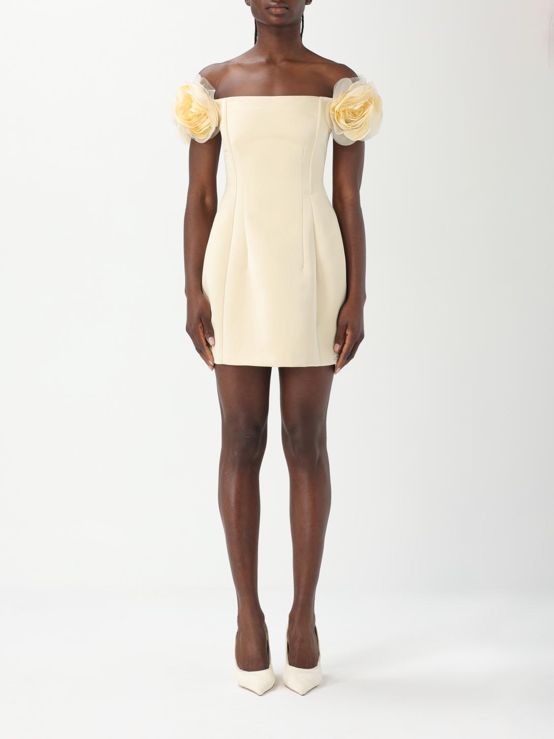 Elisabetta Franchi Short Black Dress With Rose-shaped Straps In Neutral