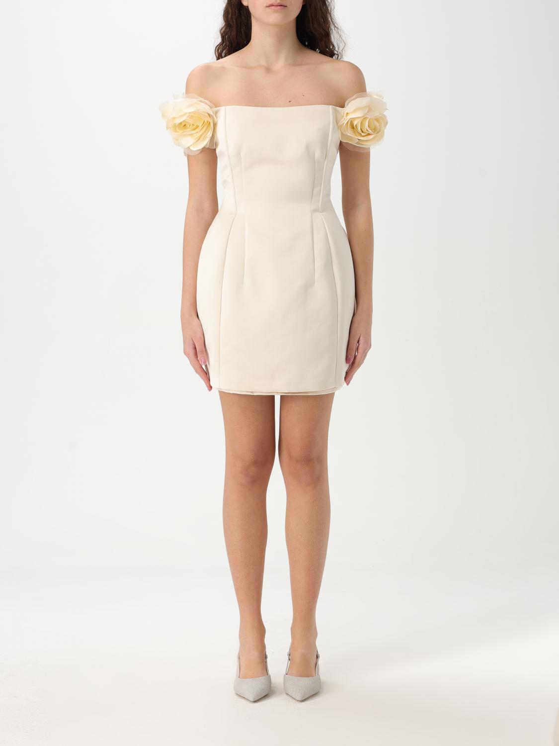 Elisabetta Franchi Short Black Dress With Rose-shaped Straps In Neutral