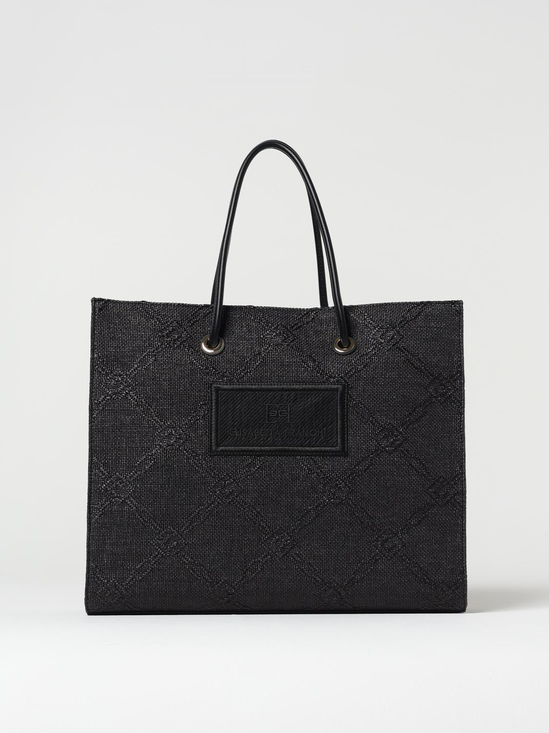 Elisabetta Franchi Black Tote Rafia Bag In Neutral