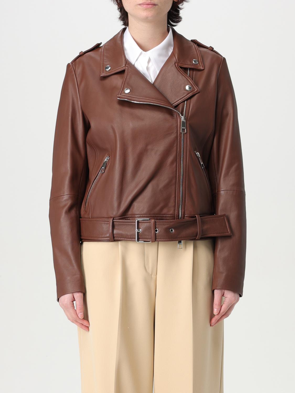 Hugo Boss Double-breasted Leather Biker Jacket In Rust