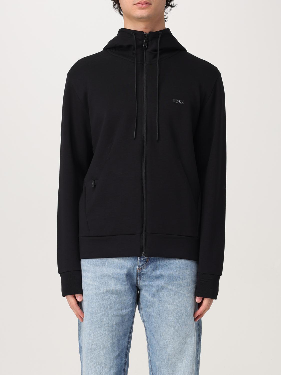 Hugo Boss Stretch-cotton Zip-up Hoodie With Logo Print In Black