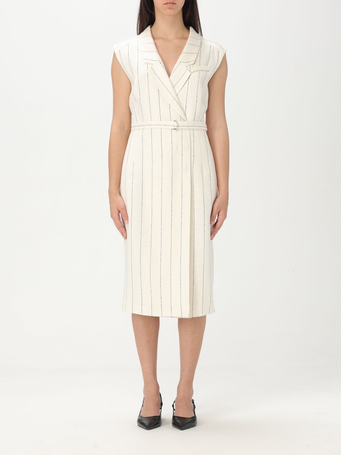 Hugo Boss Boss Drupe Pinstripe Linen Blend Dress In Multicolor