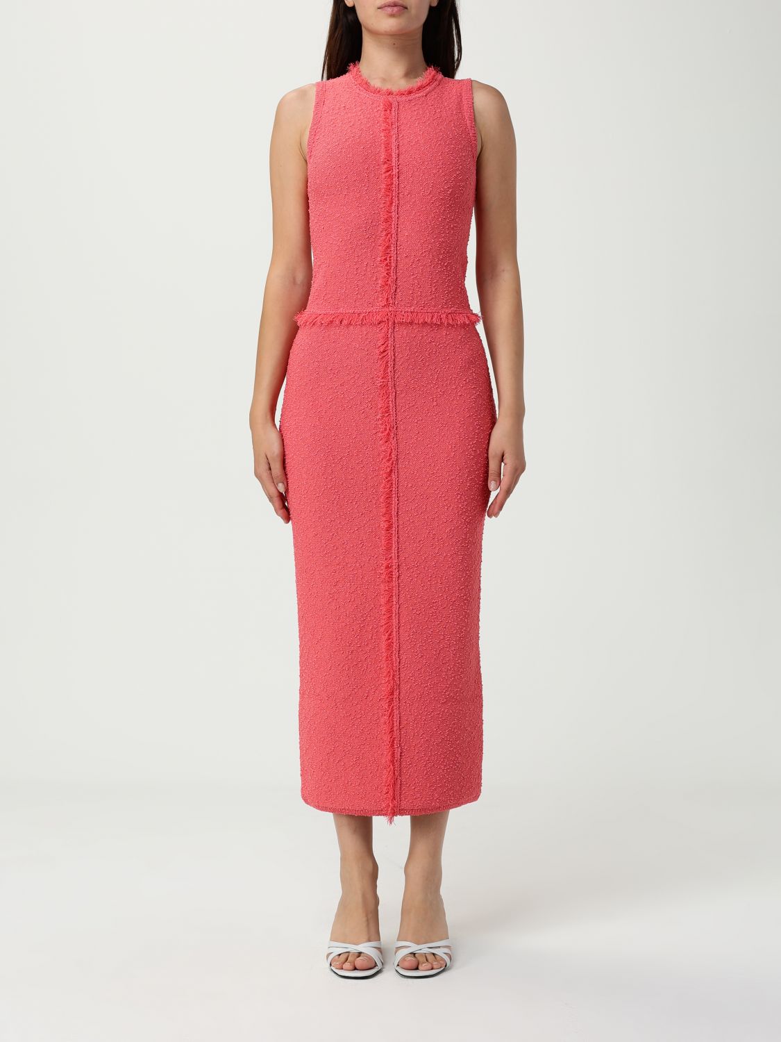 Hugo Boss Boss Fovina Fringe Trim Textured Midi Sheath Dress In Orange