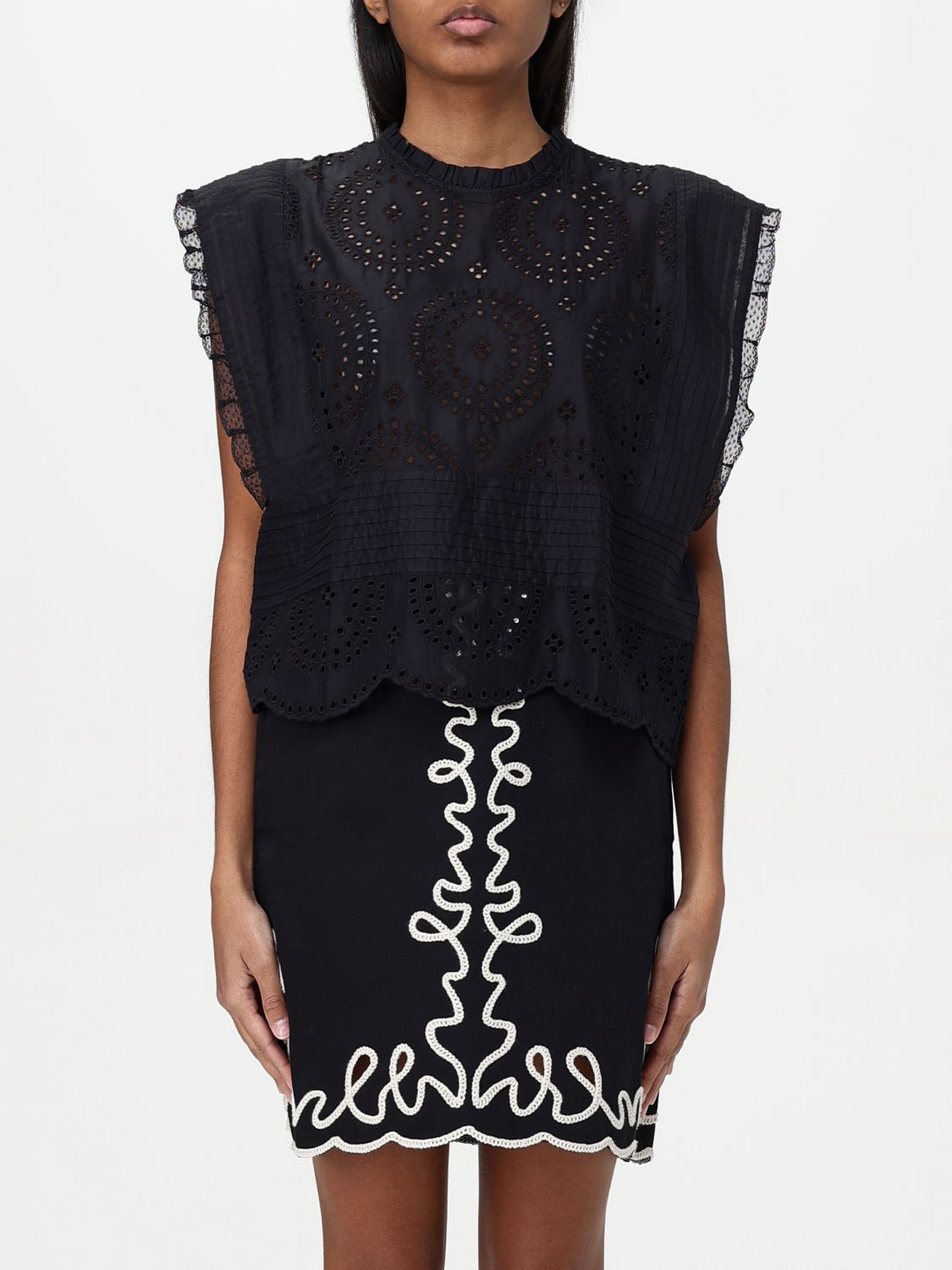 Hugo Boss Regular-fit Blouse In Cotton Broderie With Pleat Details In Black