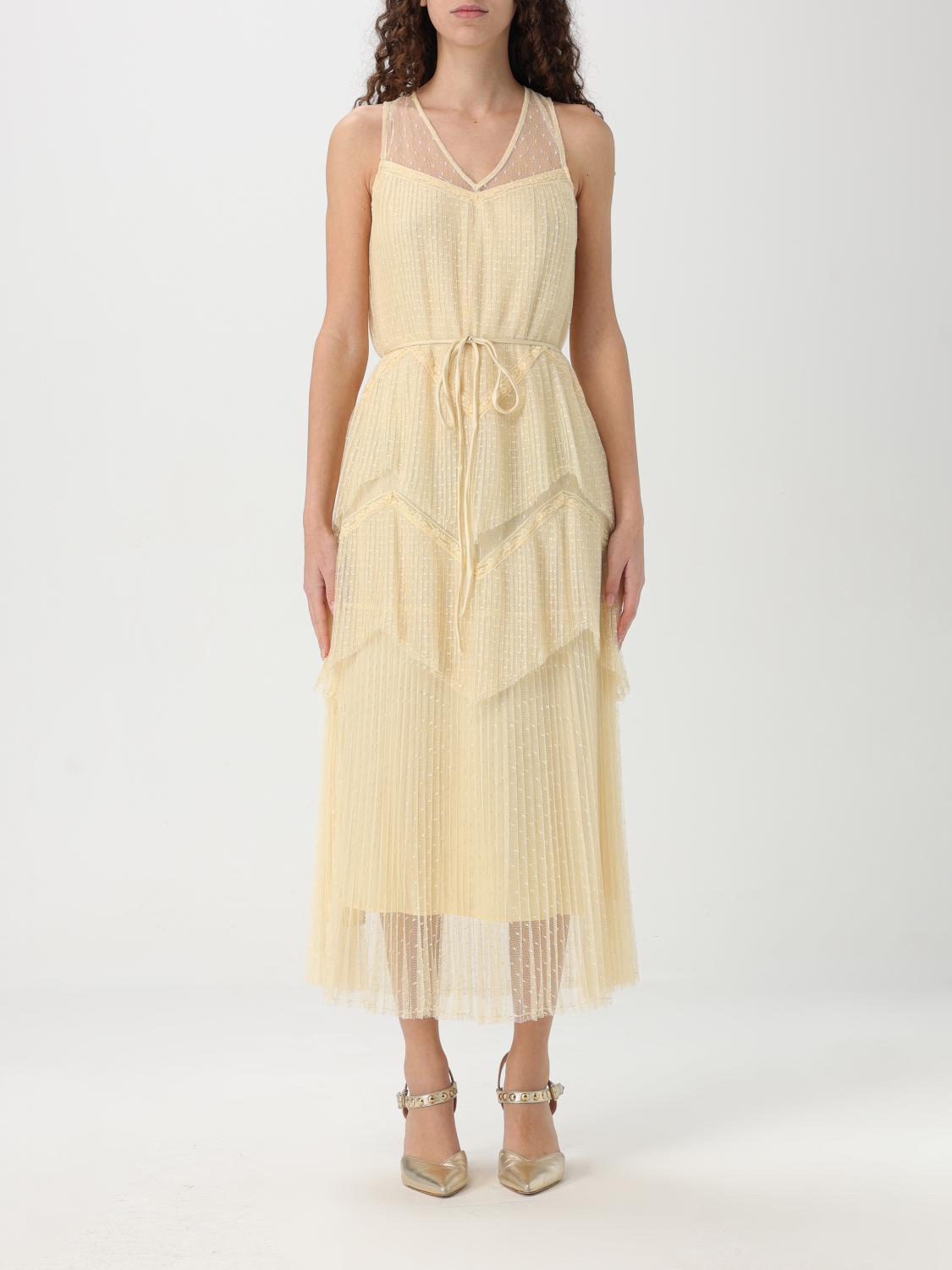 Twinset Pleated Ruffled Gauze Long Dress In Ivory