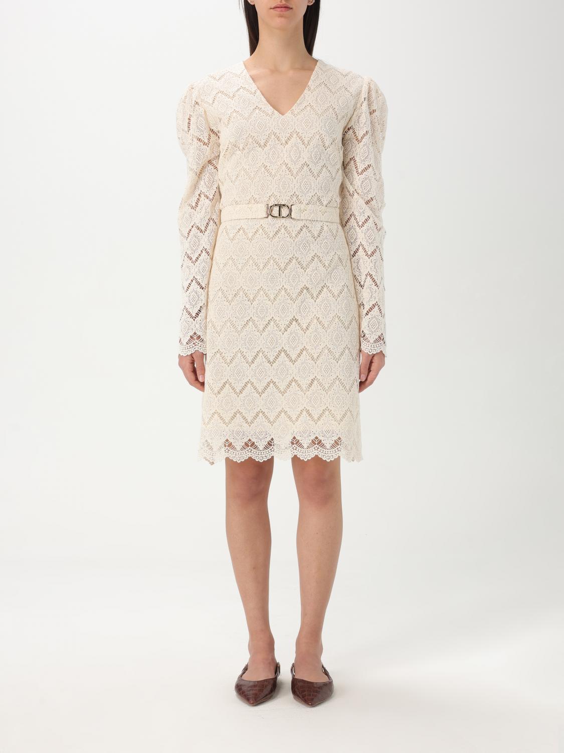 Twinset Twin-set Beige Lace Mini Dress With Scalloped Hem In Natural