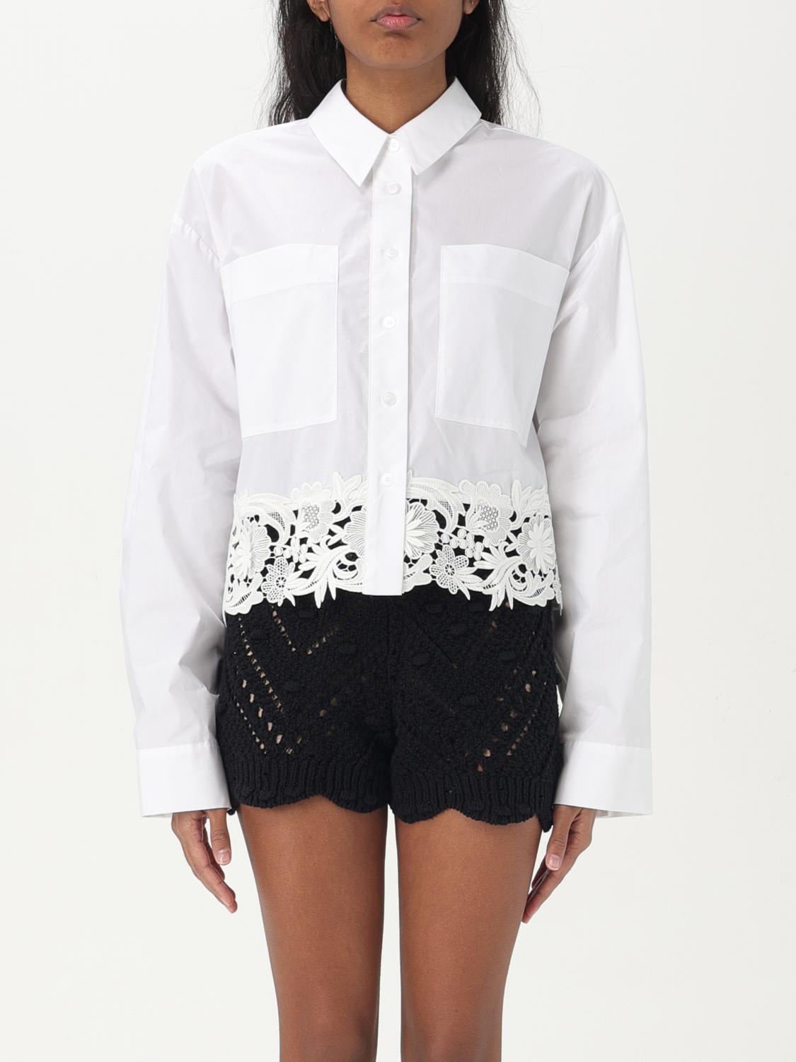Twinset Twin-set Cropped White Cotton Shirt With Delicate Lace Trim In White
