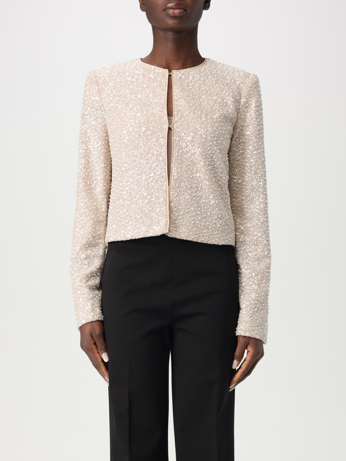 Twinset Beige Sequin Jacket With All-over Fau-pearl Embellishments In Tech Fabric Woman In Gold