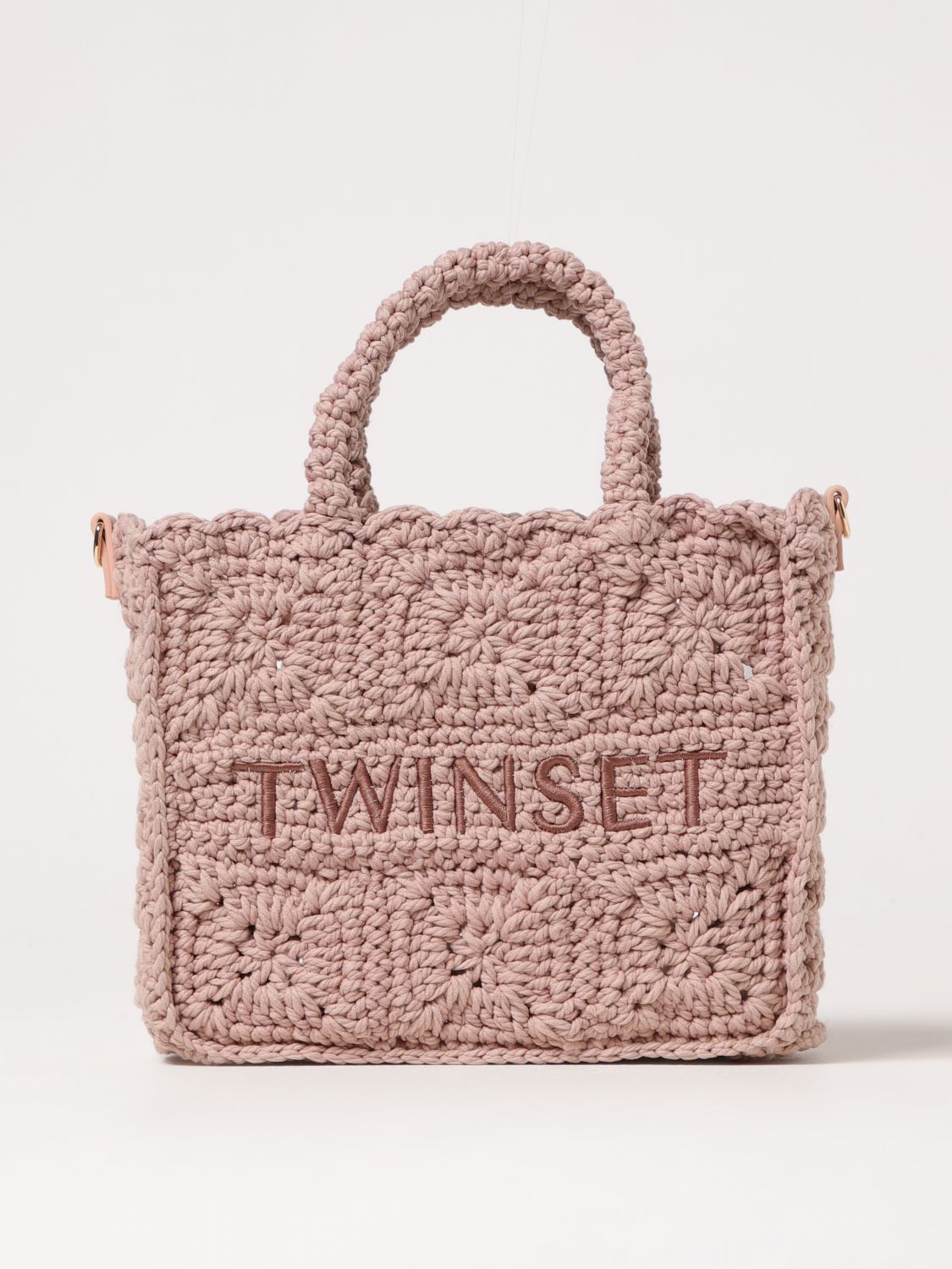 Twinset Twin-set Light Pink Crocheted Handbag With Dual Handles And Adjustable Strap In Pink