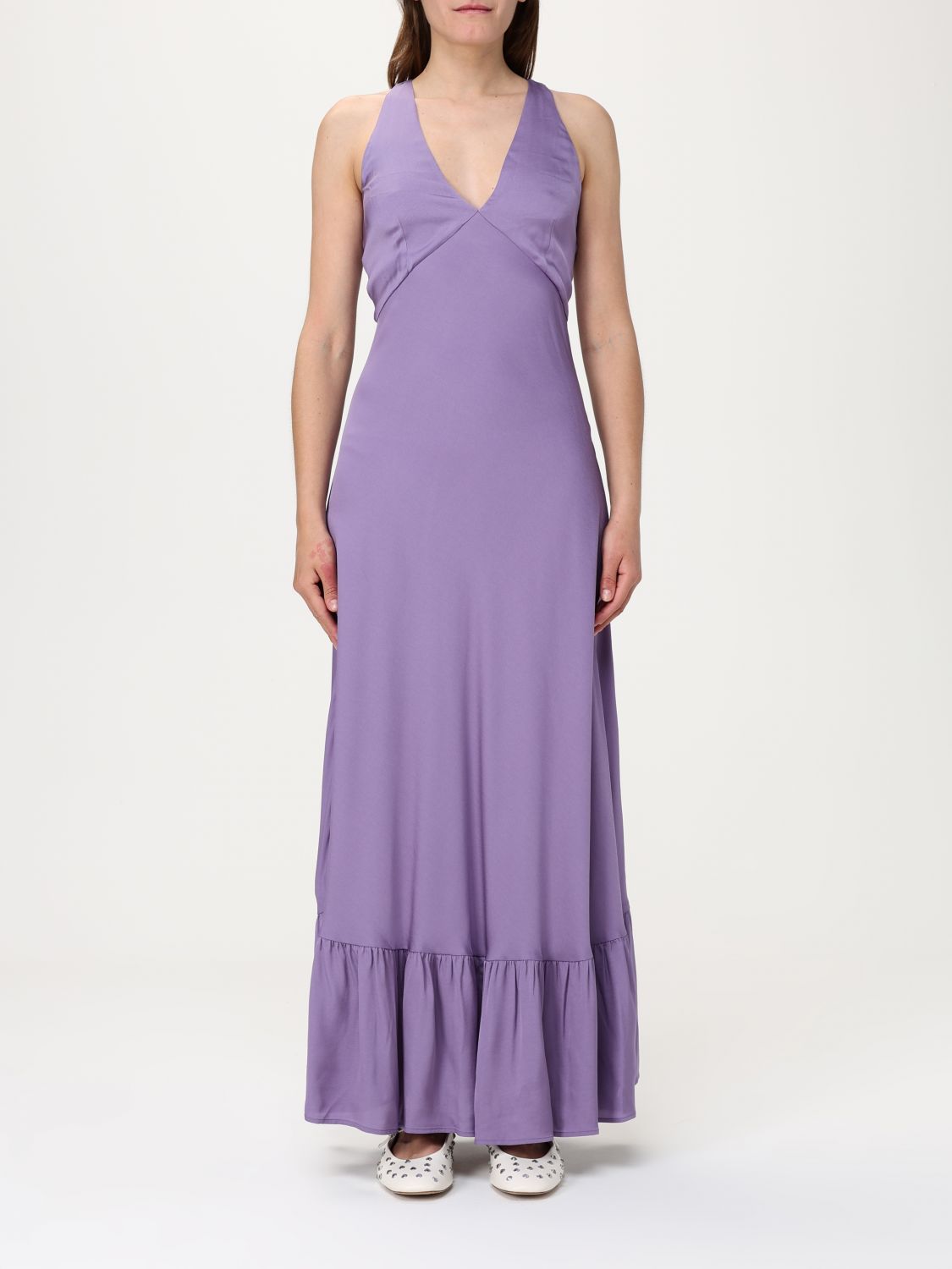 Twinset Twin-set Deep V-neck Maxi Dress With Flounced Hem In ライラック