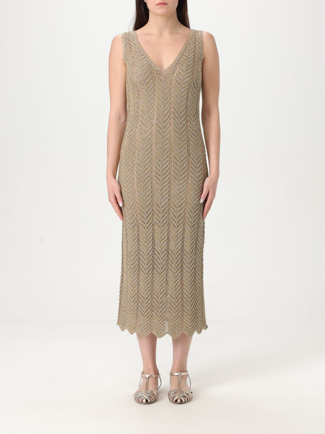 Twinset Green Long Dress With V-neck And All-over Pleated Details In Viscose Blend Woman In Gold