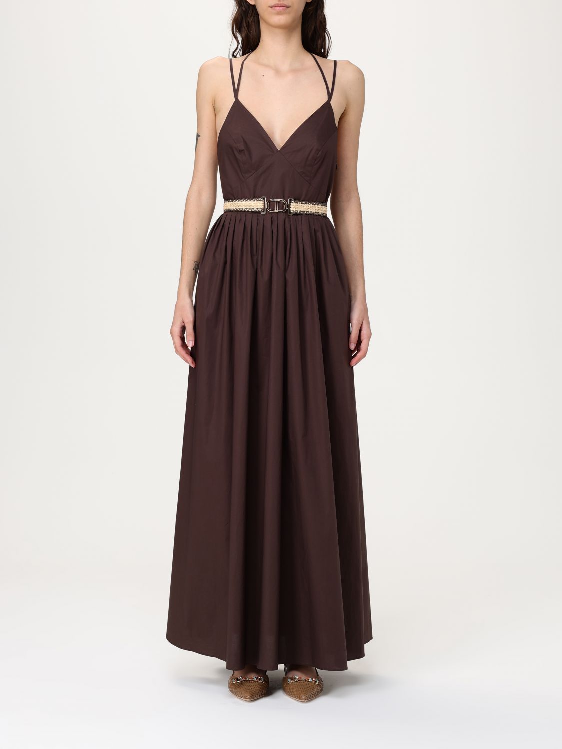 Twinset Coffee Brown Cotton Blended Long Dress With Belt Waist In コーヒー