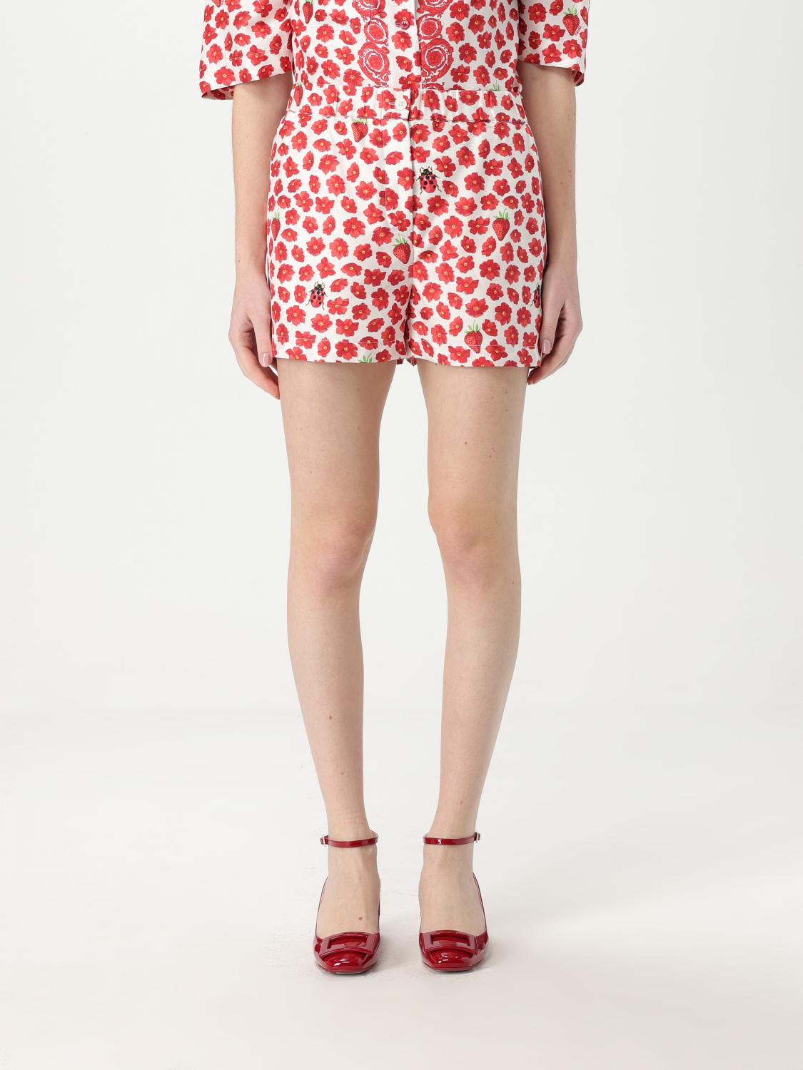 Versace 'floral Ladybug Strawberry' Elastic Waistband Shorts In Red
