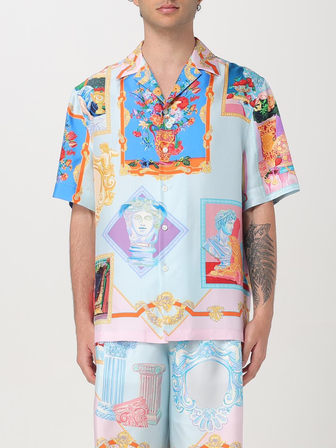 Versace Multicolored Silk Twill Short-sleeved Shirt With Artistic Motifs In Hellblau