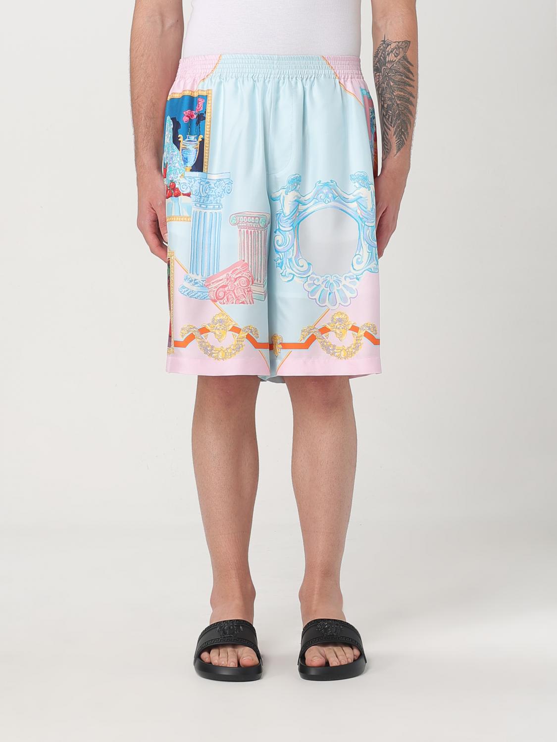 Versace Silk Twill Shorts With Vibrant Classical Motifs In Hellblau