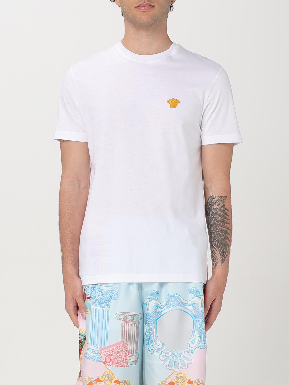 Versace White Crewneck T-shirt With Medusa Embroidery On The Front In Cotton Man In Weiss