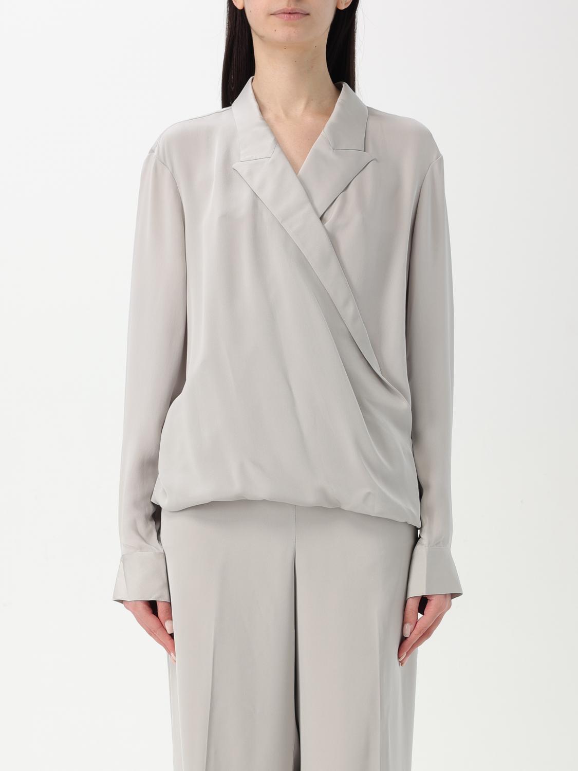 Theory Metallic Blouse With Peak Revers And Crossover Neck In Silver