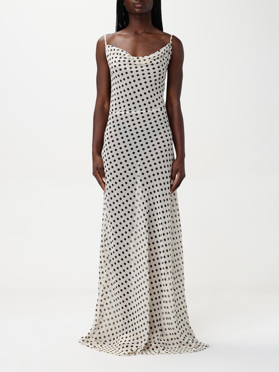 Mar De Margaritas White Long Dress With Black Polka Dots In Ecru