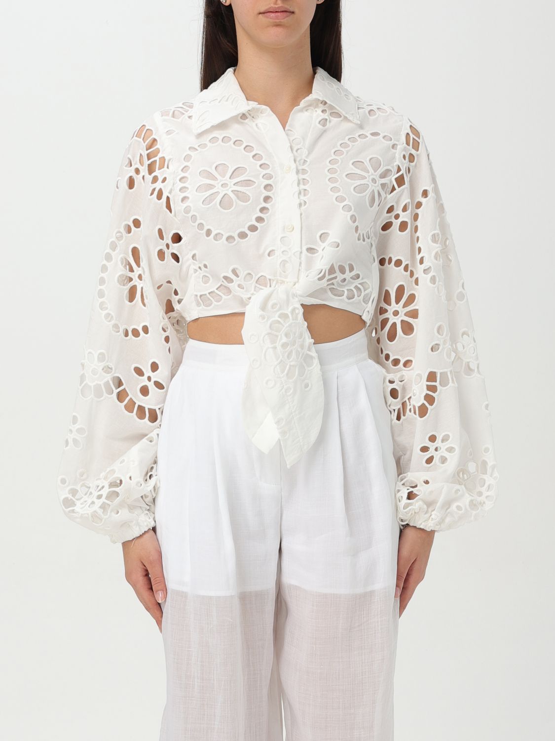 Mc2 Saint Barth Cropped White Shirt With Lace Design In White