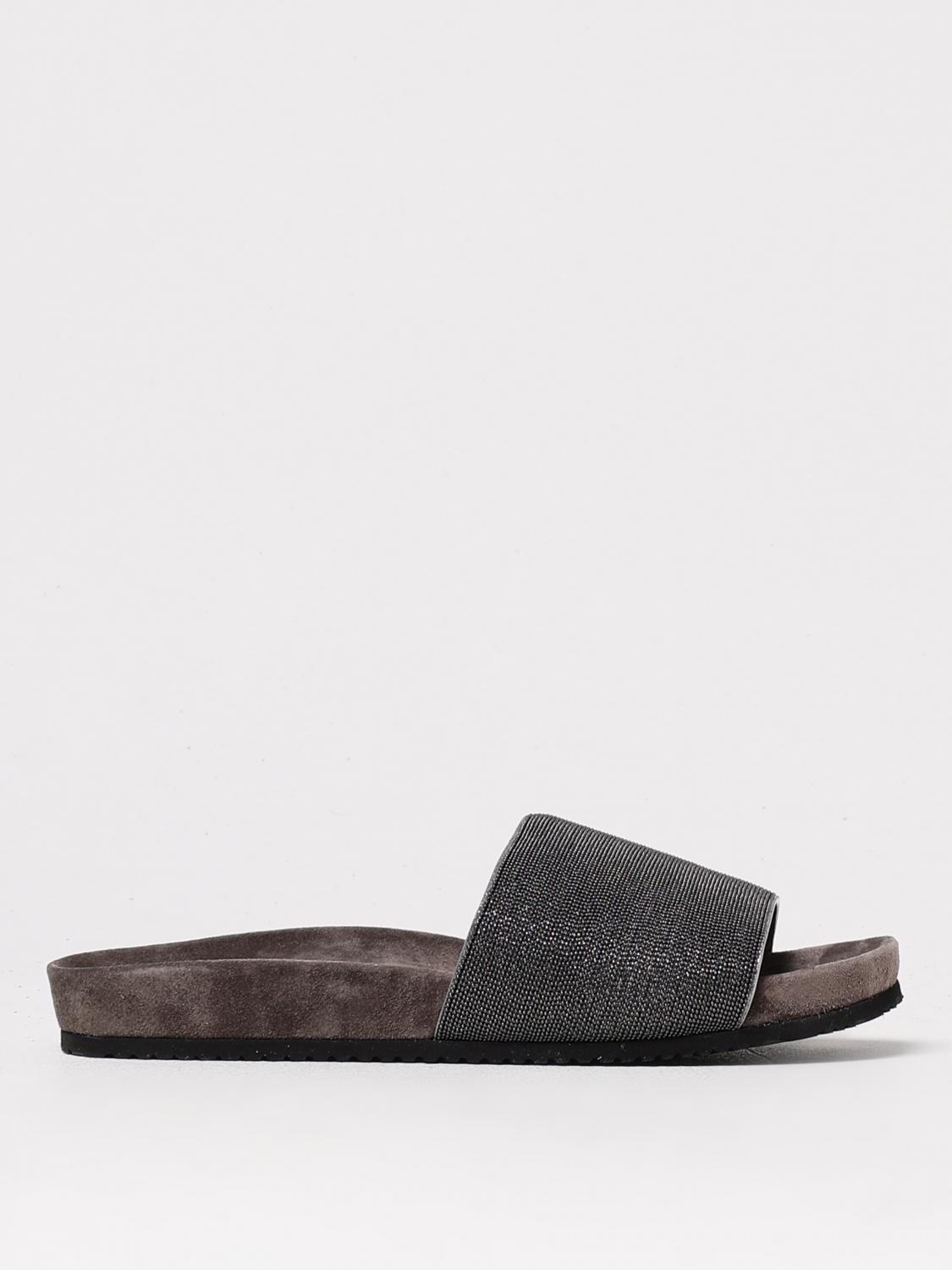 Brunello Cucinelli Grey Suede Slide Sandals With Monile Detail Woman In Silver