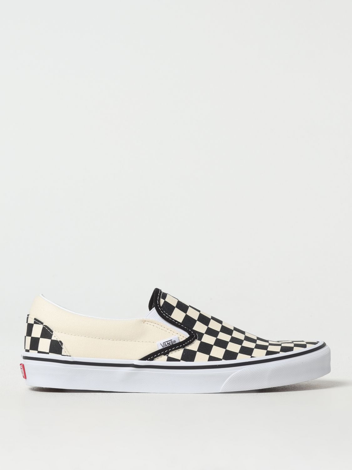 Vans Classic Slip On In Checkerboard Print In White And Black With White Stripe In Natural