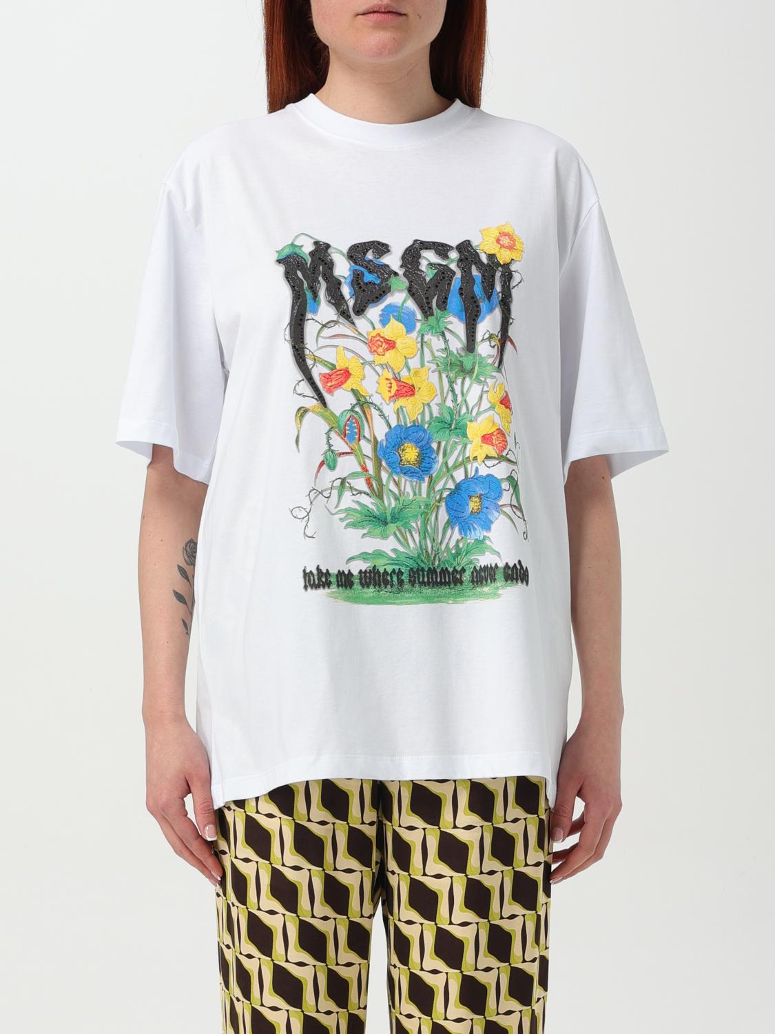 Msgm Floral-embellished Logo T-shirt In White