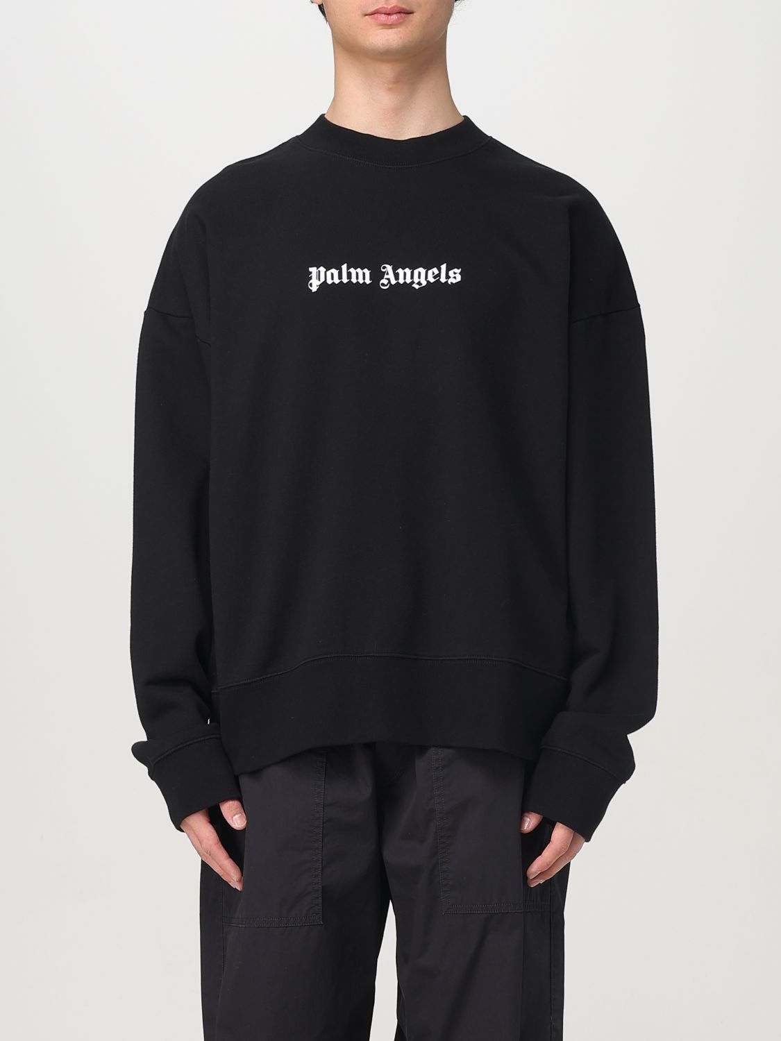 Palm Angels Black Cotton Crew Neck Sweatshirt With White Logo In Black