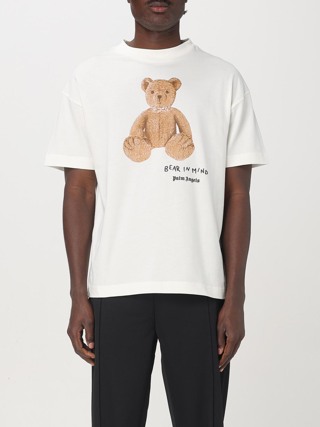 Palm Angels Bear In Mind White T-shirt With Bear Print And Logo Lettering On The Front In Cotton Man In Weiss