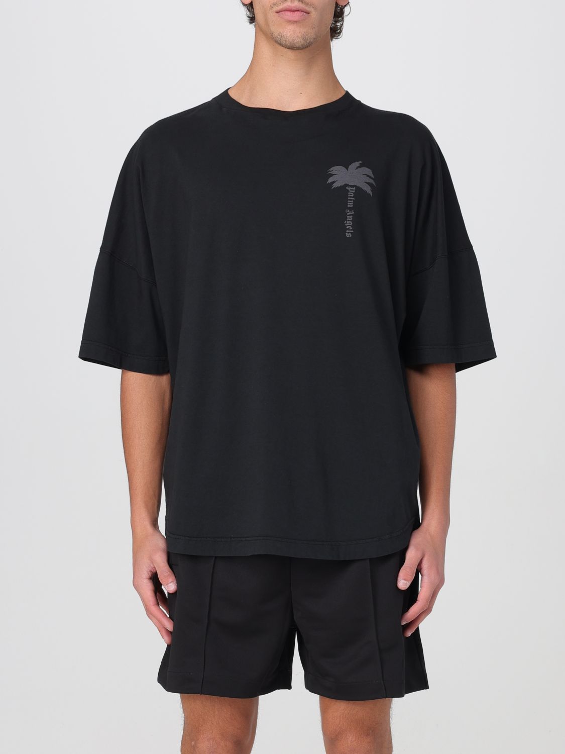 Palm Angels Blue Cotton T-shirt With Palm Print And Logo In Schwarz