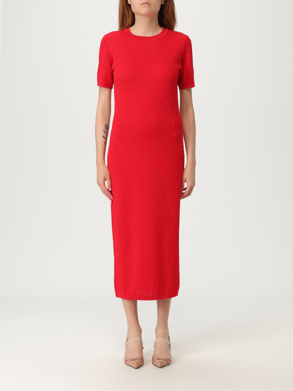 Fendi Fitted Midi Dress With Textured Pattern In Red