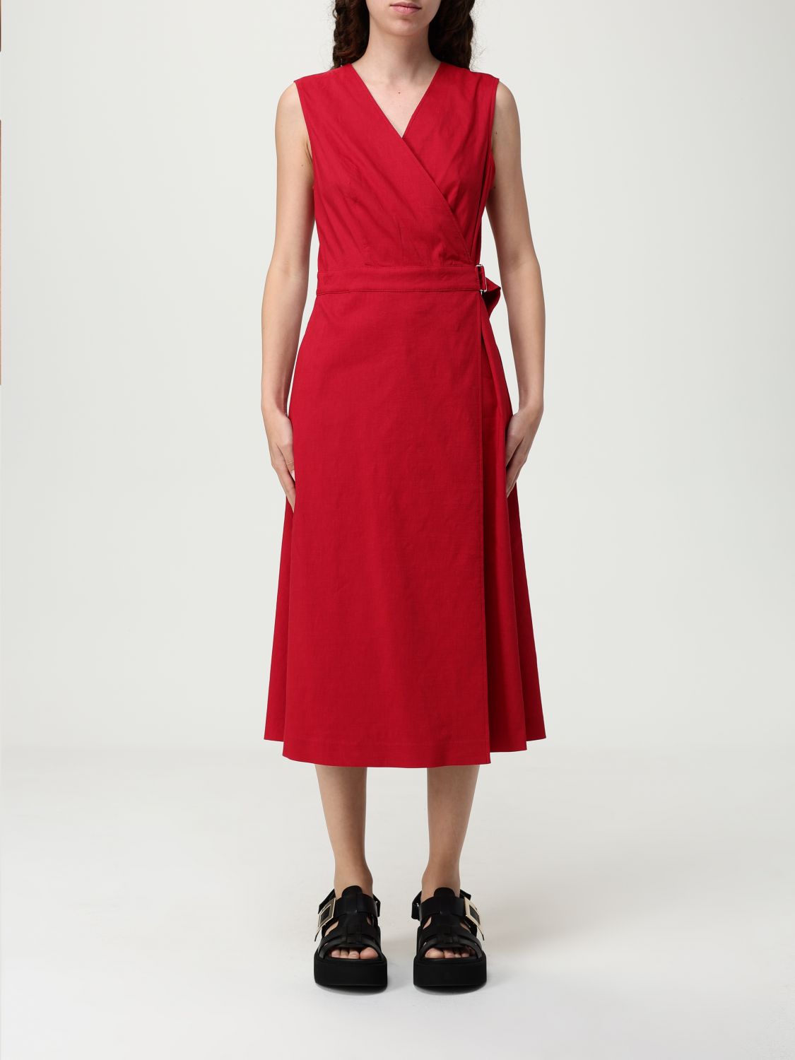 Theory Sleeveless A-line Wrap Dress In Good Linen In Red