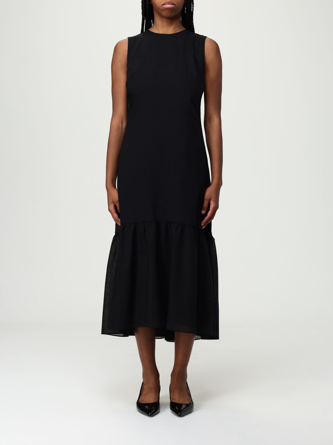 Theory Tiered Lightweight Wool Midi Dress In Black