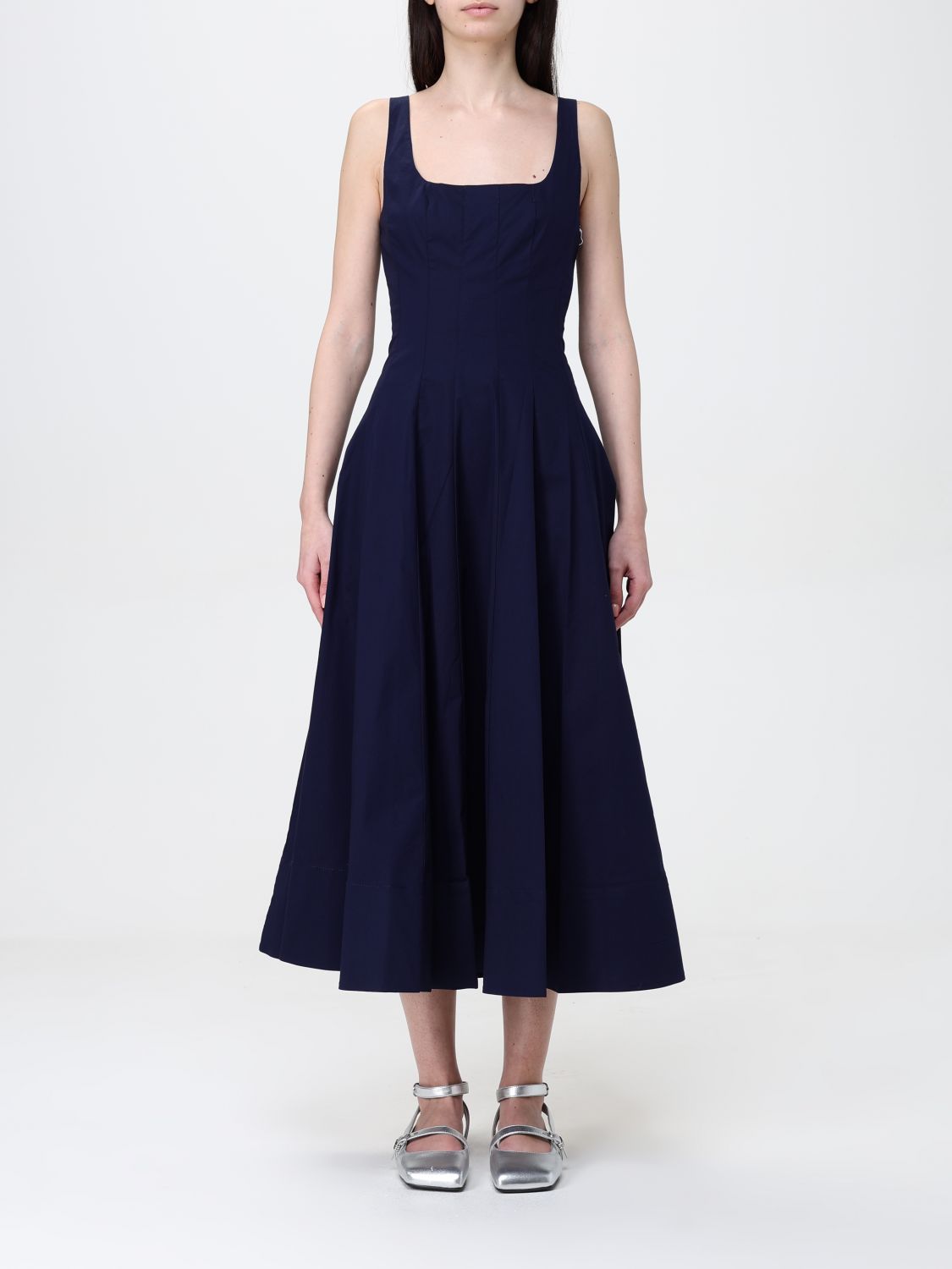 Staud Wells Pleated Cotton-blend Poplin Midi Dress In Blau