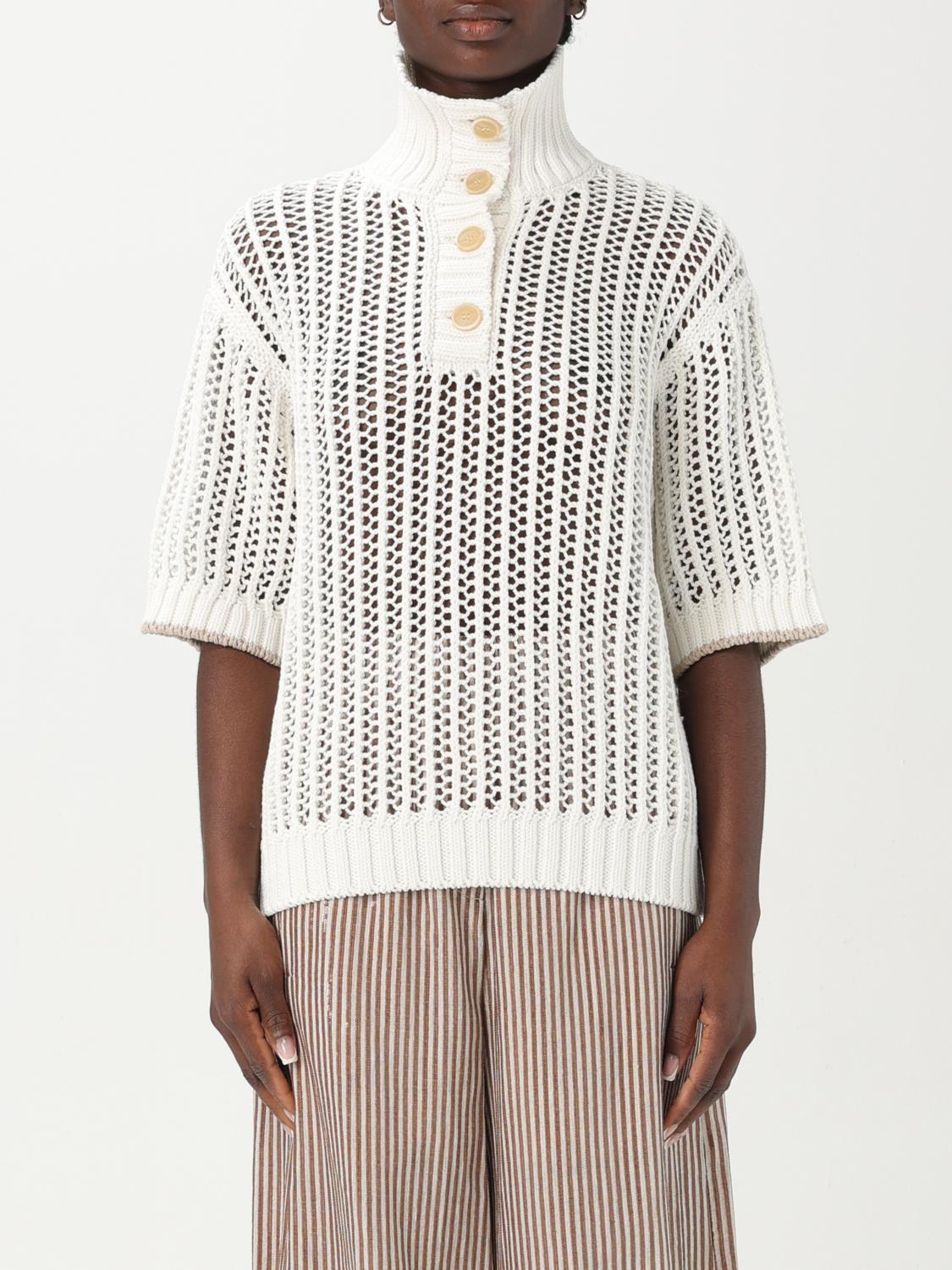 Brunello Cucinelli White High Neck Sweater With Perforated Design In Yellow Cream