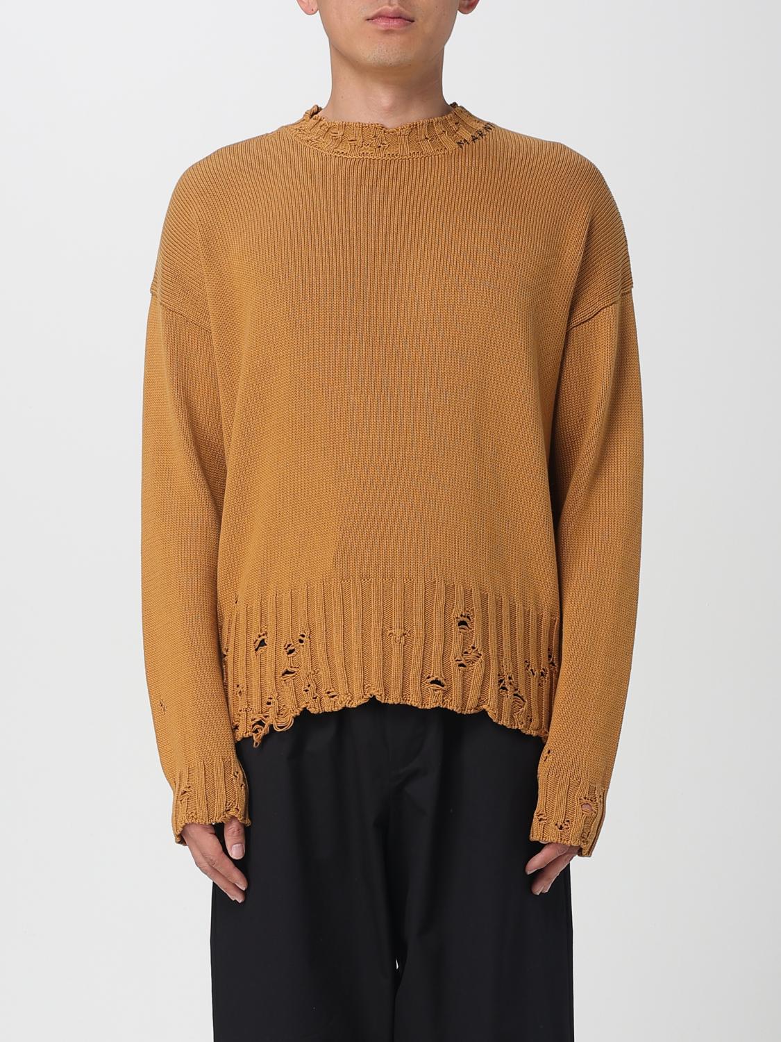 Marni Distressed Long Sleeve Ruffled Neckline Sweater In Brown