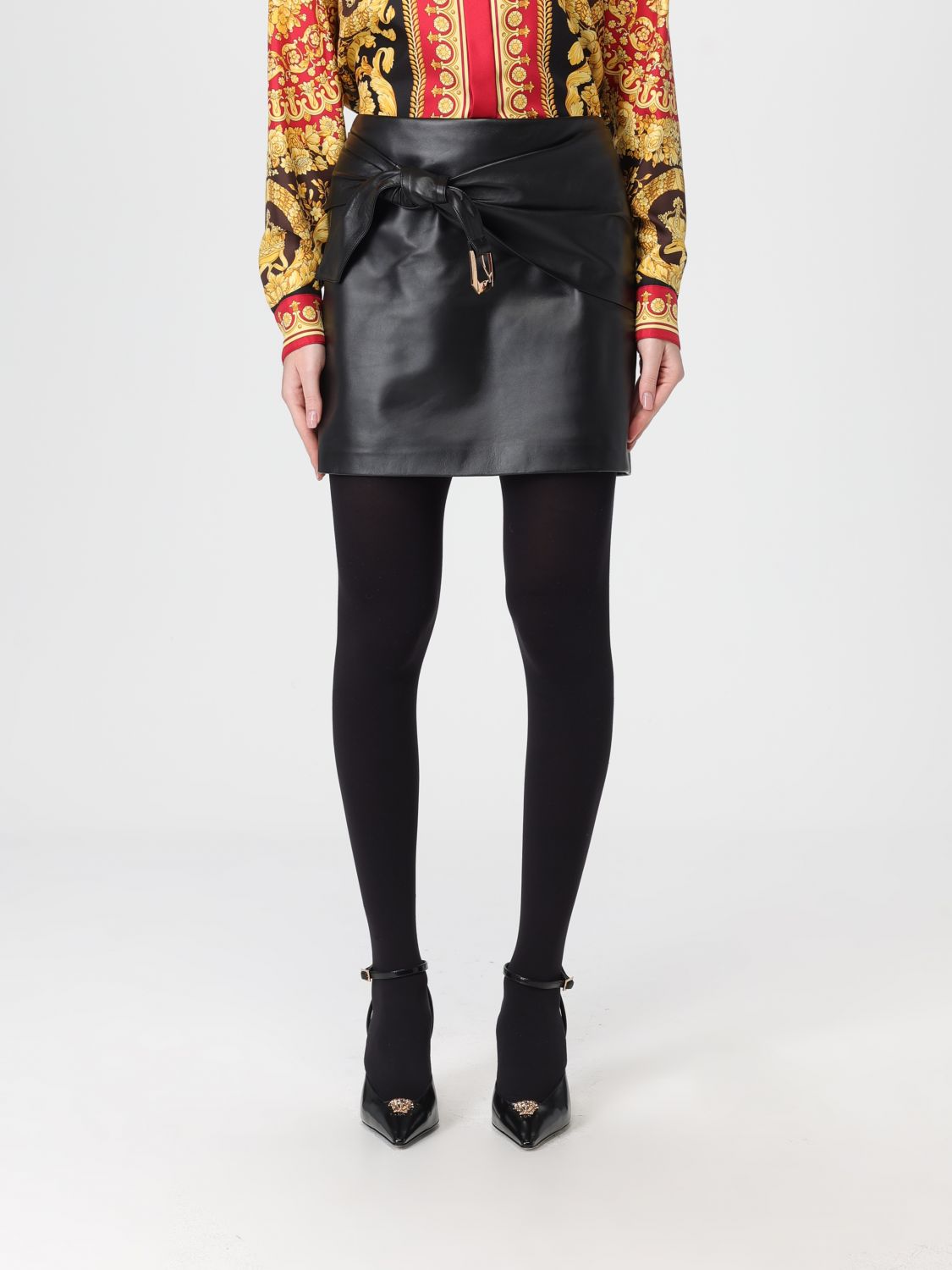 Versace High Waist Twisted Leather Skirt With Buckle In Black