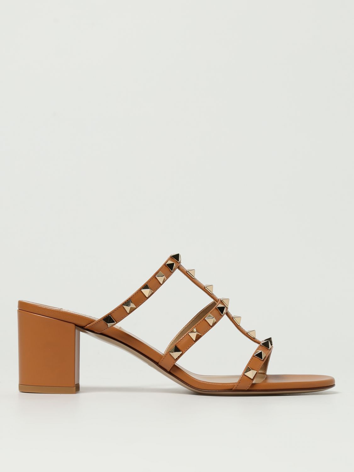 Valentino Rockstud Slide Sandal In Calfskin With Cabochon Stones 60mm In Brown
