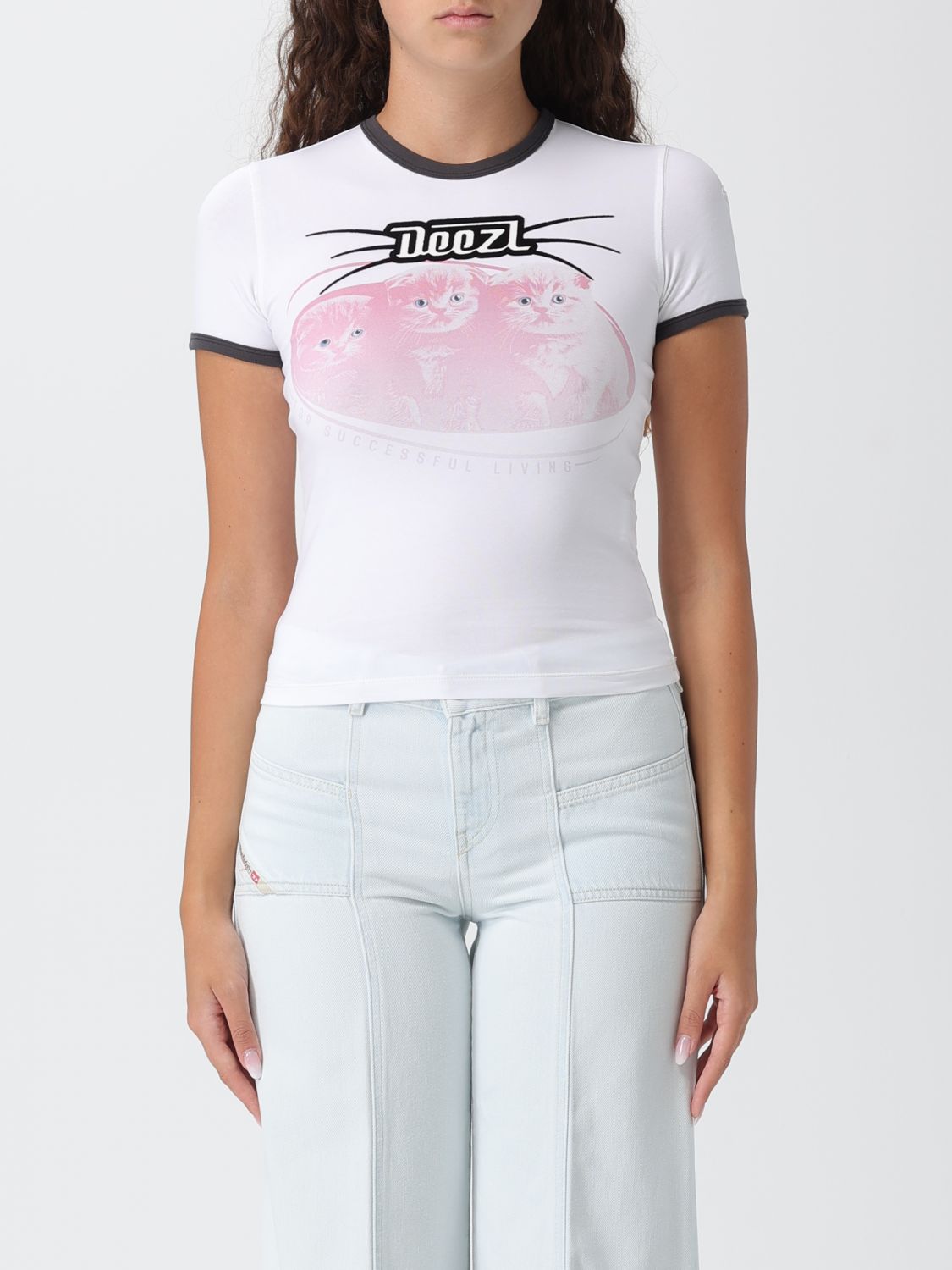 Diesel White Cotton T-shirt With Print And Contrasting Edges In White