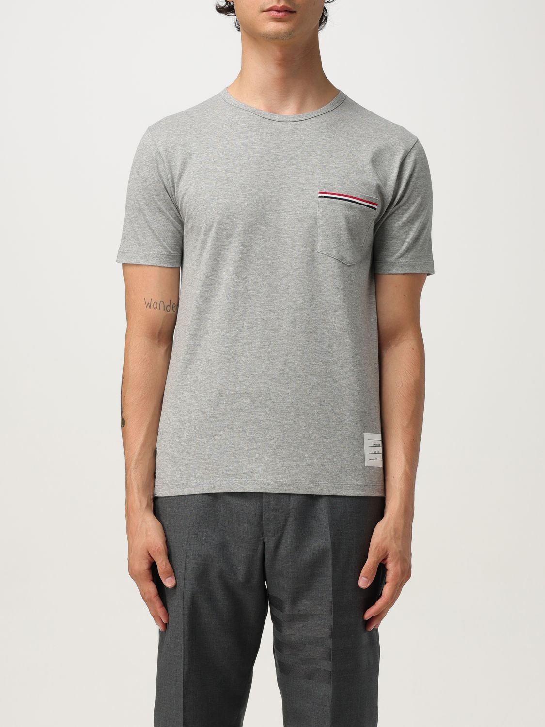 Thom Browne Short-sleeve Crew Neck T-shirt With Chest Pocket And Striped Trim Detail In Gray