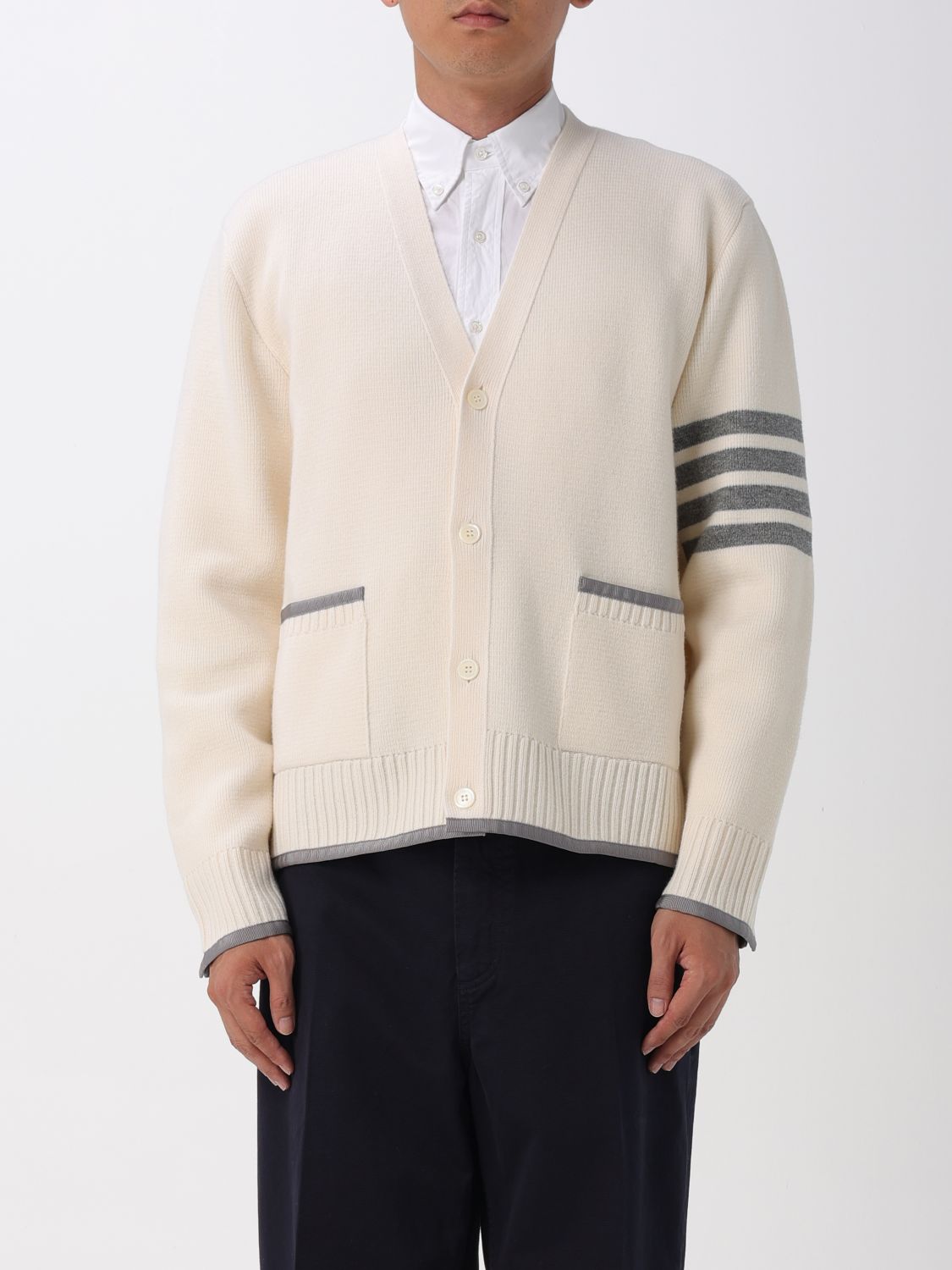 Thom Browne Wool Cardigan With Striped Sleeve Detail In Neutral