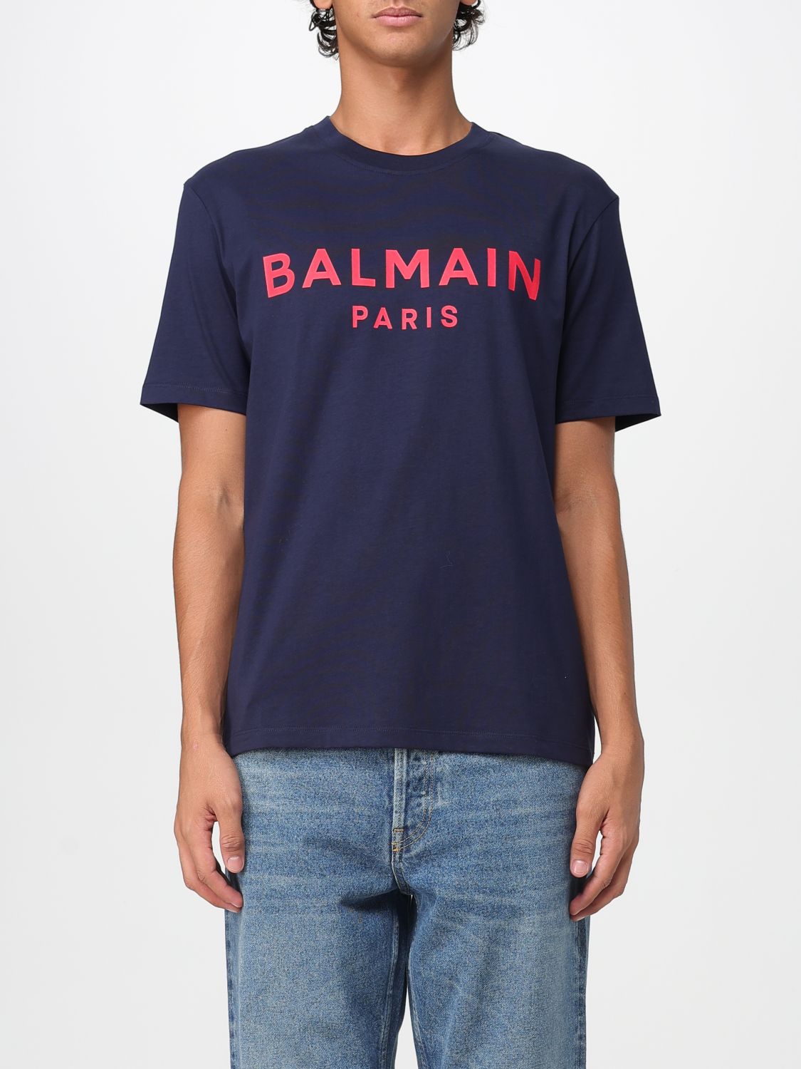 Balmain Blue Crewneck T-shirt With Logo Lettering Print On The Front In Blue