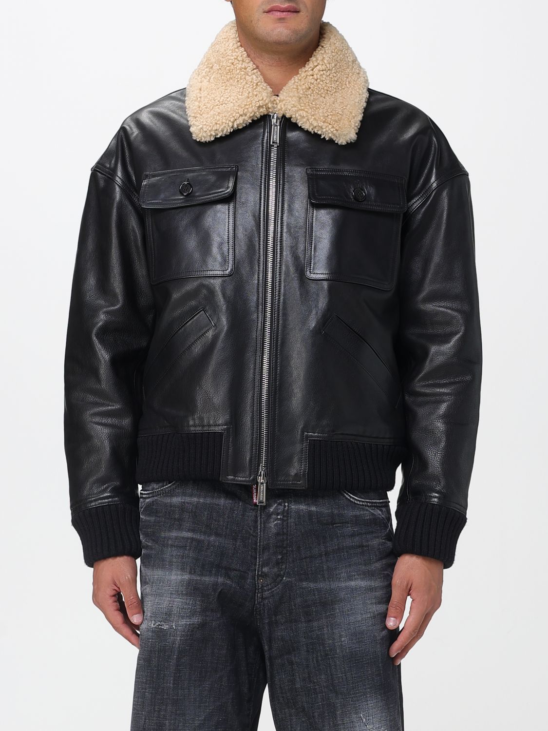 Dsquared2 Leather Bomber Jacket In Black