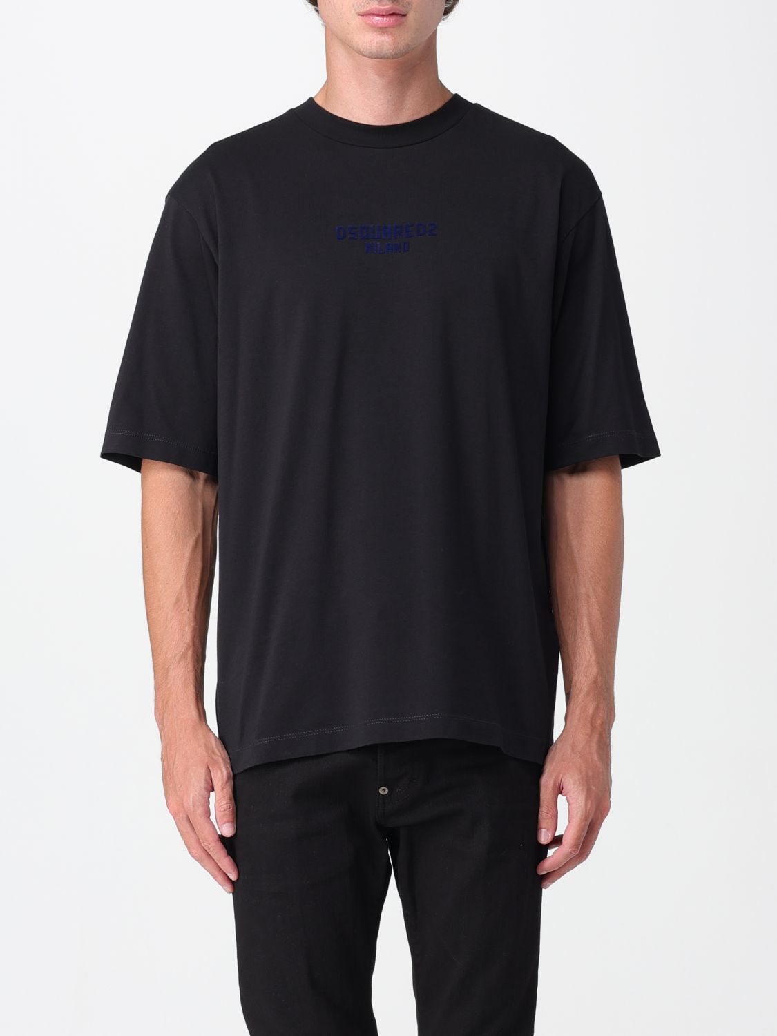 Dsquared2 Black Crewneck T-shirt With Logo Lettering On The Front In Cotton Man In Black