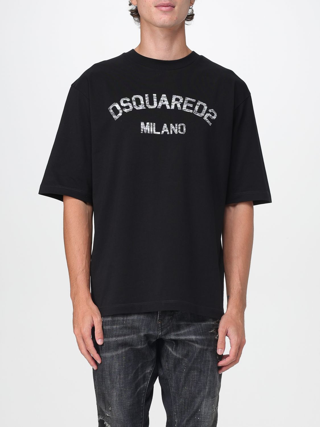 Dsquared2 Loose Fit Black Cotton T-shirt With Vintage Logo In Black